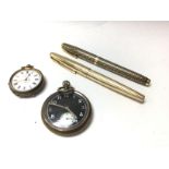 2 Parker fountain pens, Military issue pocket watch with engraved registration GS/TP S 045923, Swiss