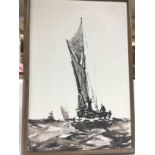 A Vic Ellis oil on board depicting a sailing boat at sea, approx 57cm x 82cm. Shipping category D.