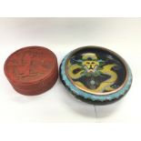 A cinnabar jar and cover and a Cloisonne dish, app