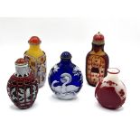 5 Chinese carved cameo glass snuff bottles. Talles