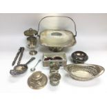 A collection of silver and silver plated items comprising a capstan inkwell, various cutlery etc.