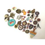 A collection of vintage pins including golly pins,