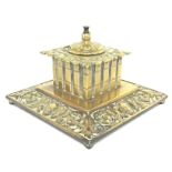 Victorian square brass desk inkwell with hinged li