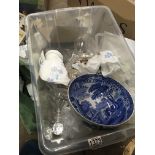 A box containing glass decanters a Spode bowl and