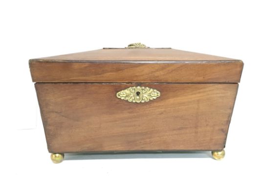 Antique mahogany box with brass handle and escutch - Image 1 of 4