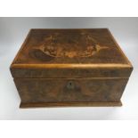 A burr walnut work box with inlaid decoration to l