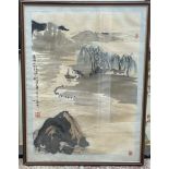 A framed Chinese scroll painting of a Chinese moun