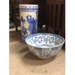 Ceramic blue and white Umbrella stand with depicti