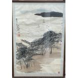 A large Chinese framed scroll painting of a Mounta