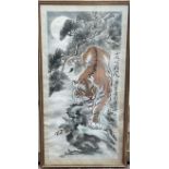 A large framed Chinese scroll painting of a Tiger