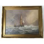 A framed oil painting on canvas study of a barge o