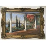 An interesting framed oil painting a view of an Italian loggia with Tuscan Roman pillars and a perfu