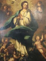 An oil painting on canvas depicting the Madonna wi