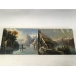 A pair of unframed oil paintings on canvas views a