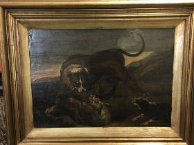 A gilt framed oil painting on board of fighting do