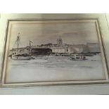 A framed watercolour of boats and buildings by Phi