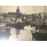 A framed 19th century etching study of harbour pos