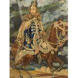 A framed combination tapestry picture of a militar