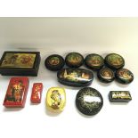 A collection of various Russian paper mache boxes.