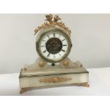 A late 19th century Alabaster mantel clock with a visible escapement height 30cm