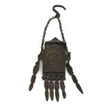 A small bronze hanging Chataline type pouch, posta