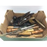 A box of vintage woodworking tools to include a St