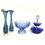 Pair of blue mid 20th century vases, bowl and stan