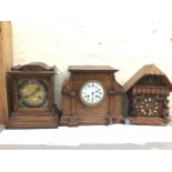 Antique oak mantle & wall clocks with inlaid and g