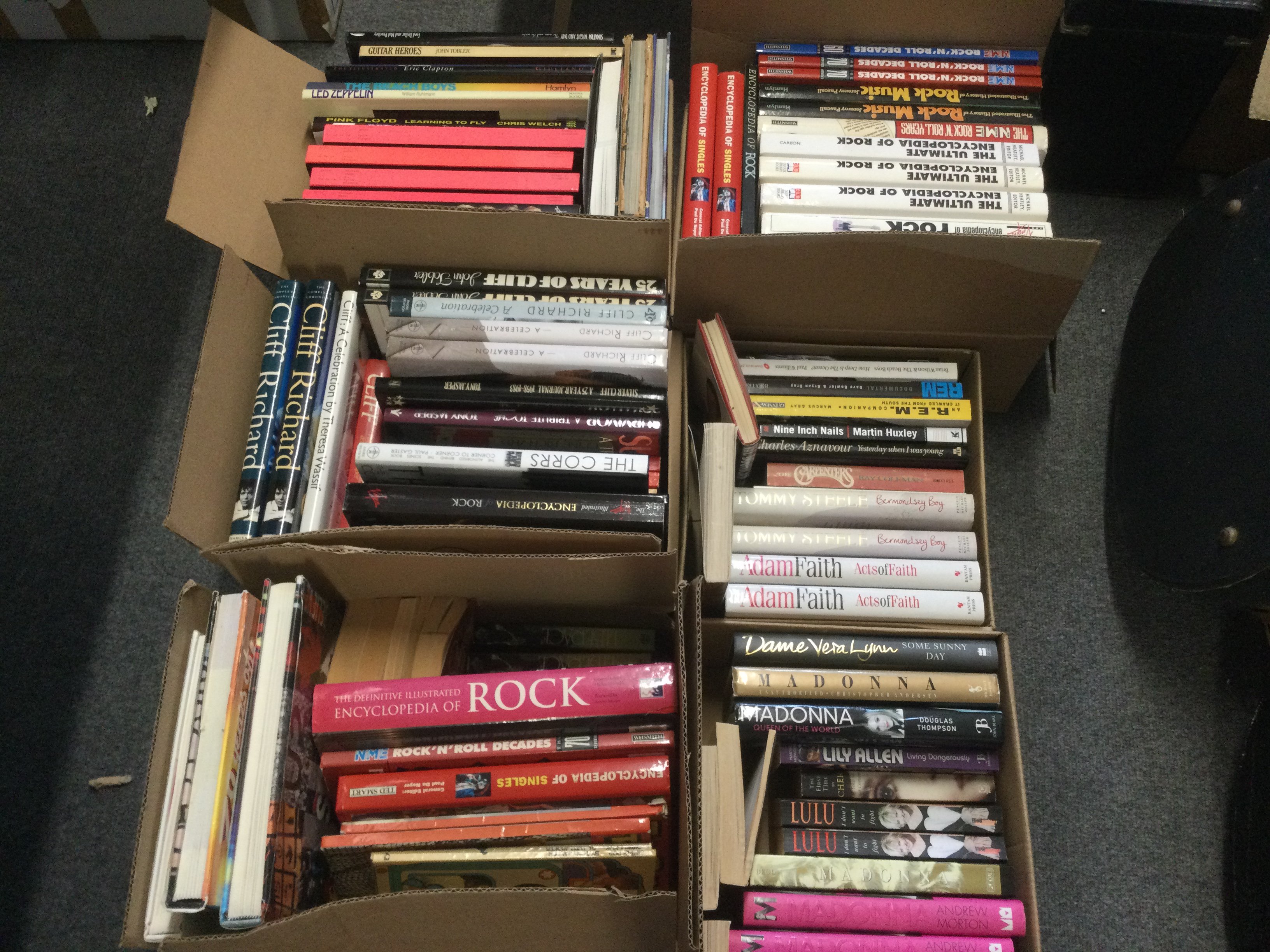 Ten boxes of music books comprising mainly autobio