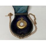An 18ct gold half hunter pocket watch (45.3g) together with an unmarked 9ct gold Albert chain with a
