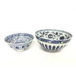 Two Chinese blue & white bowls. Postage cat D. Dia