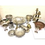 A collection of metal ware including dishes, sword