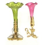 Ormolu & coloured art glass flower vases with bird