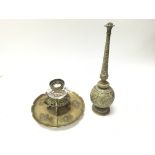 An unusual brass ink well and a brass incense burn