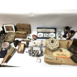 A box of oddments including buttons - figurines -