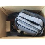 A box of mixed cameras, cases and accessories. Inc