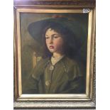 A framed oil on canvas depicting a young girl. Ind