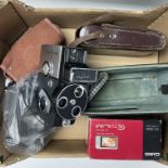 A box of mixed camera items including a Fujica 8EE