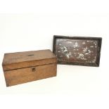 A walnut tea caddy box and an inlaid mother of Pea