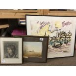 Three framed pictures including watercolour of a c
