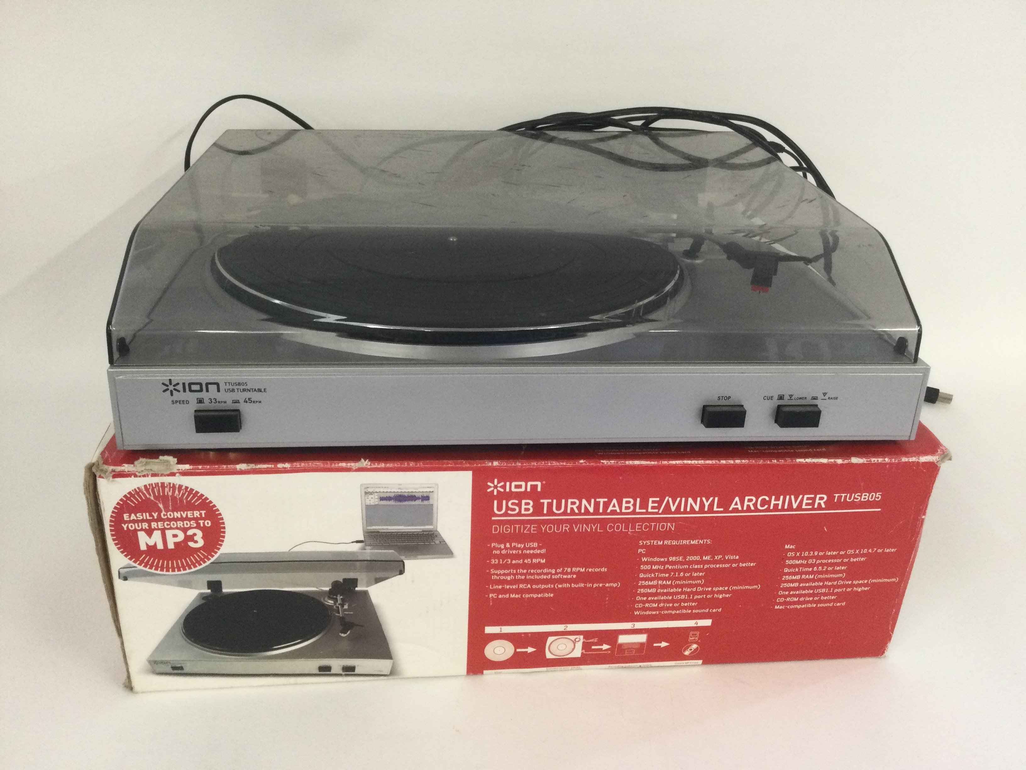 A boxed Ion USB turntable/vinyl archiver. NO RESER