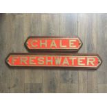Two heavy mounted train station signs for Chale an