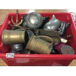 A box containing a quantity of brass ware pewter a