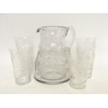 Etched glasses and jug, no Reserve. Postage cat D