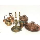 A Collection of brass and copper ware, postage cat