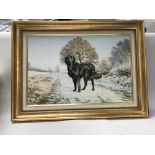 A framed oil painting of a gun dog signed Terence
