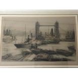 A framed coloured etching a study of working barge
