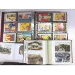 A box of vintage postcards and photographs includi