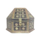 Unusual shaped wooden box with brass decoration, a