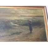 A framed oil on canvas costal view with figure. 60